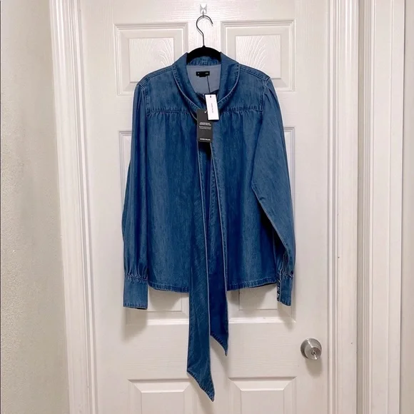 NWT KAREN MILLEN Denim Pussybow Blouse - Picture 5 of 9